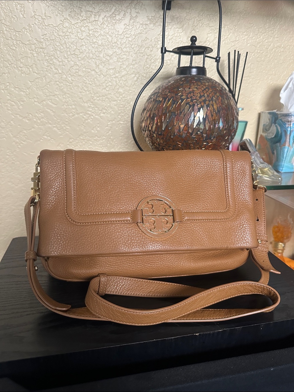 Authentic Tory Burch Cognac Pebbled Leather Crossbody with Logo Medallion